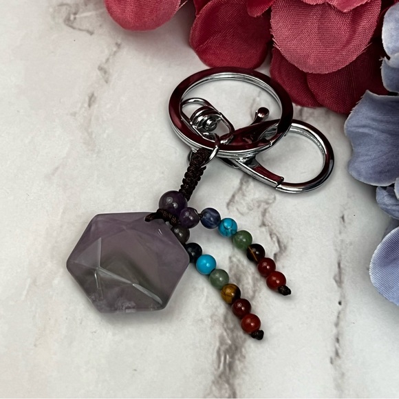 Natural Amethyst Hexagon Stone with Rainbow Chakra Keychain Charm - Picture 10 of 16